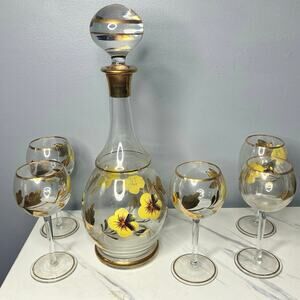 Vintage Butterfly & Pansy Decanter Set 6 Cordial Glasses Gold Trim